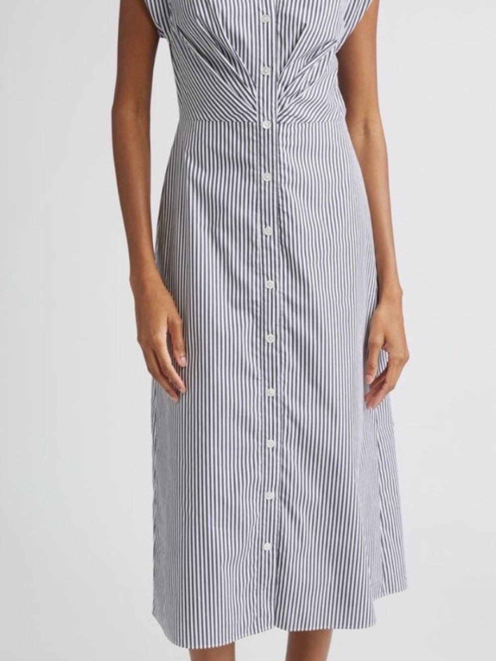 Veronica Beard Button-Front Navy & White Stripe Shirt Dress with hidden zipper